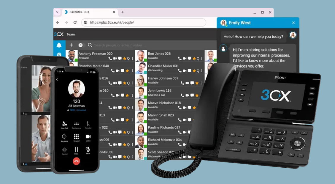 3CX communication platform: Smartphones with video calls, browser-based interface, and desk phone on a blue background.