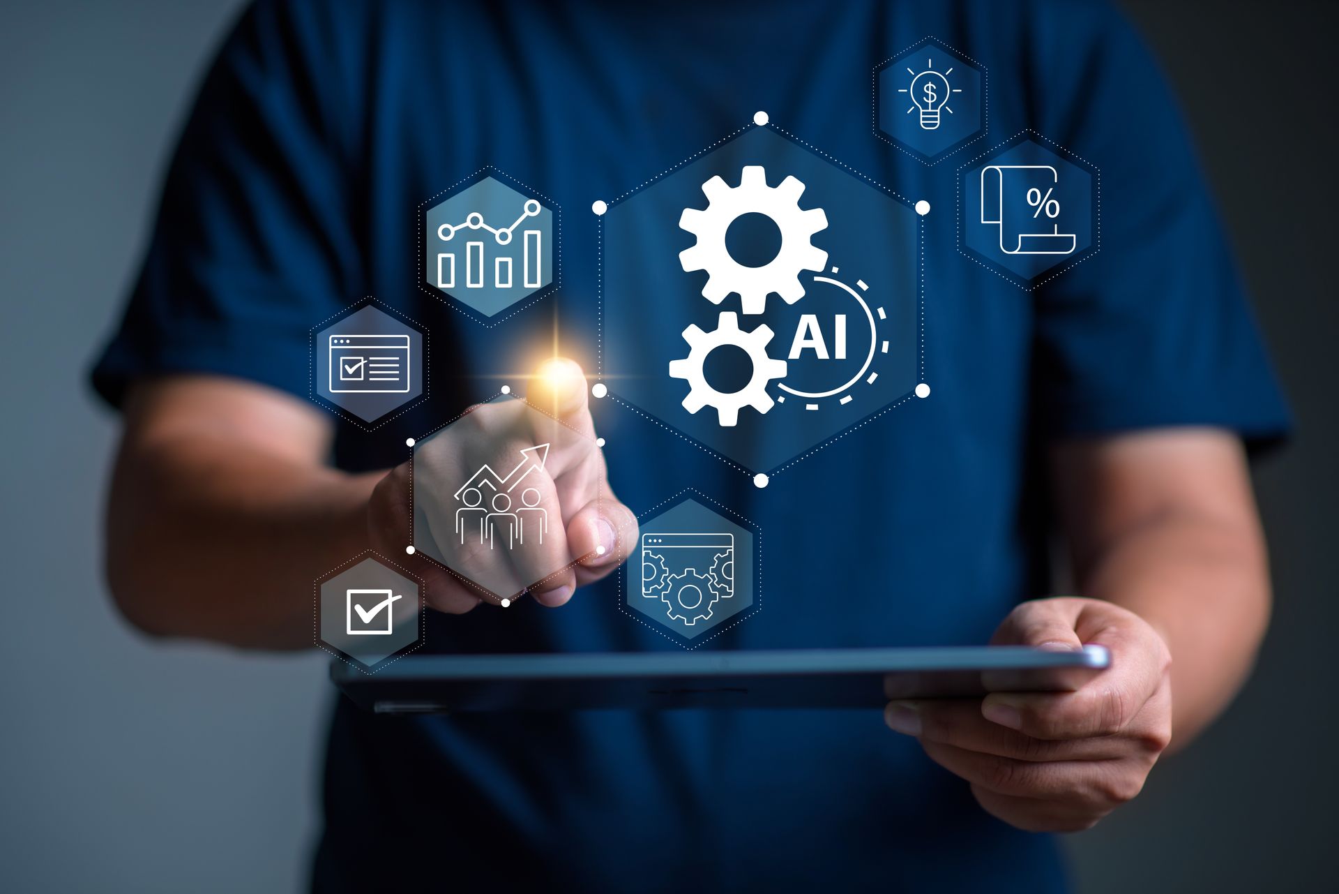 Person using tablet, interacting with AI interface showing gears, graphs, and icons.