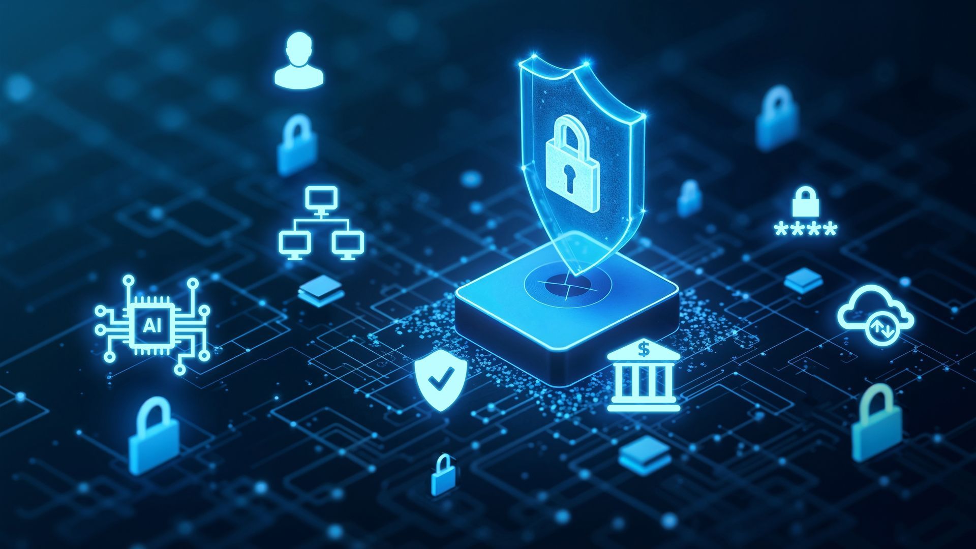 Digital security concept: glowing blue shield with a lock, surrounded by icons like clouds, locks, and an AI circuit.