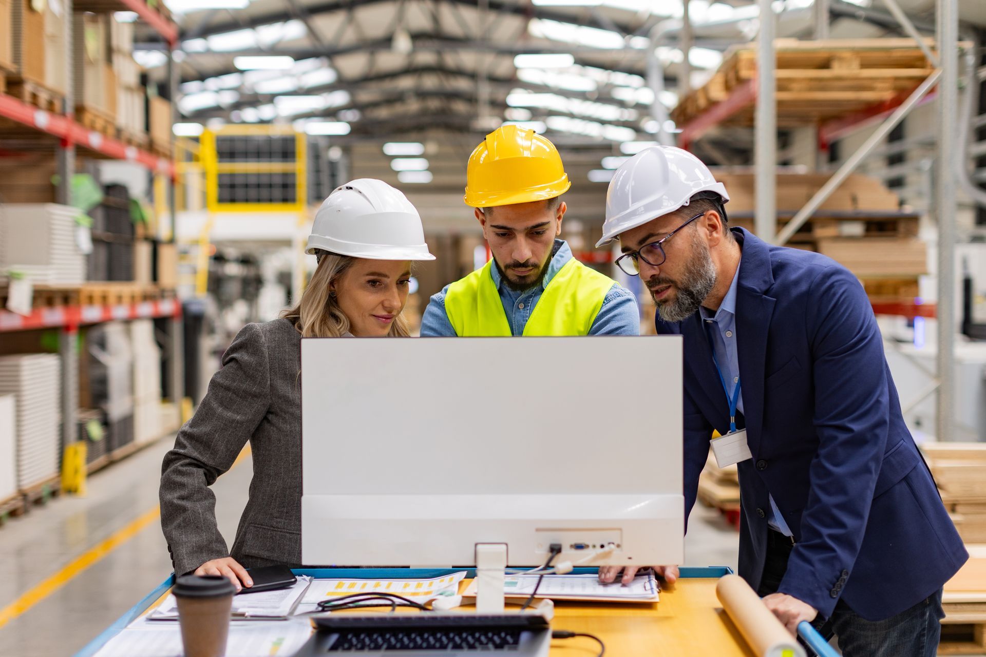 Three people in hard hats looking at a computer in a warehouse.
