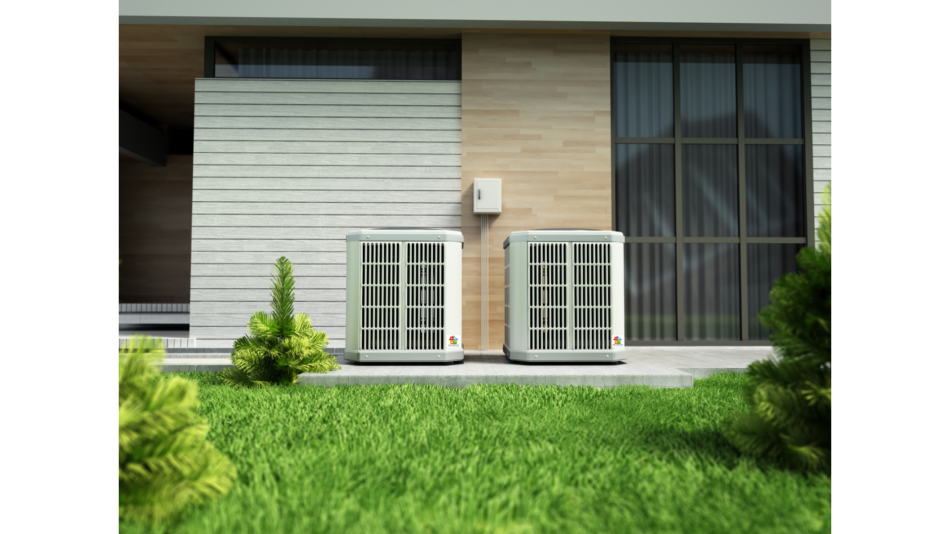 Deux climatiseurs sont installés devant une maison.