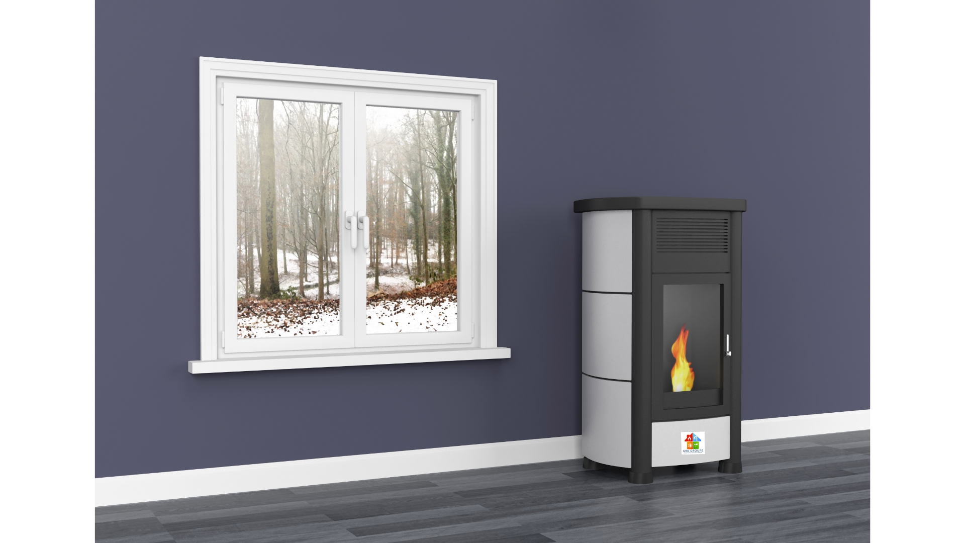 Une pièce avec une fenêtre et un poêle à l'intérieur.