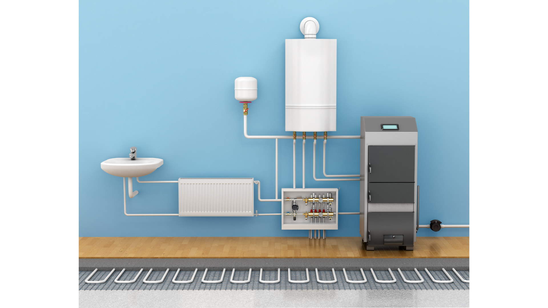 Un schéma d'un système de chauffage dans une salle de bain avec un lavabo et une chaudière.