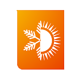 Un soleil et un flocon de neige sont représentés sur un fond orange.