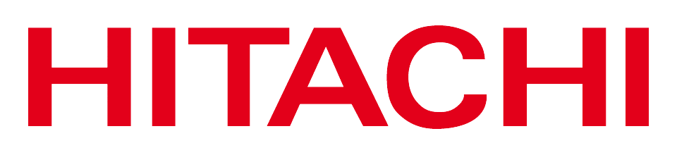 Le logo hitachi est rouge et blanc sur fond blanc.