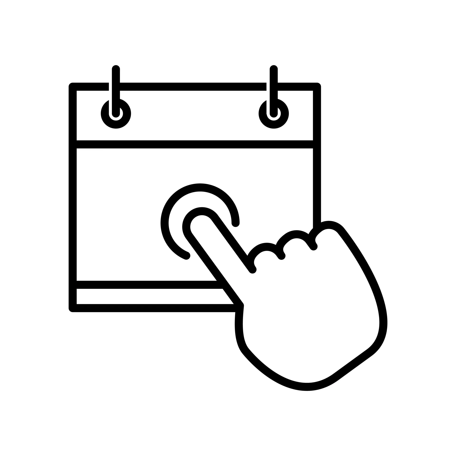 Black calendar icon with a hand tapping a date