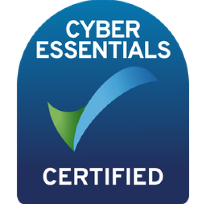 Cyber Essentials Certified badge with blue background and green-blue checkmark
