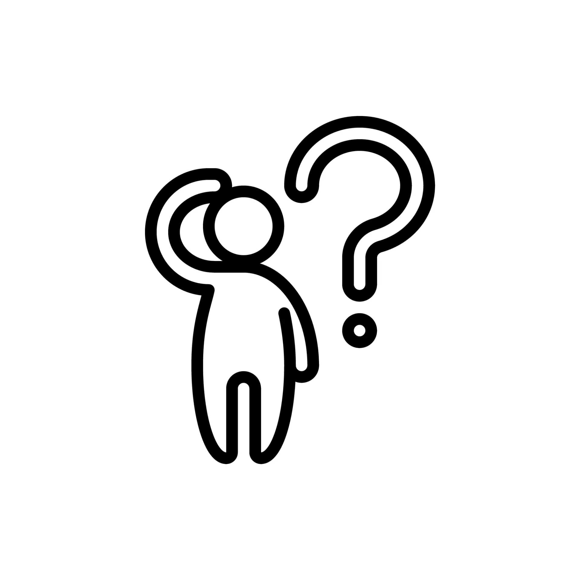 Outlined person scratching head beside a large question mark, suggesting confusion