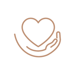 Tan line icon of a hand cradling a heart in warm beige outline