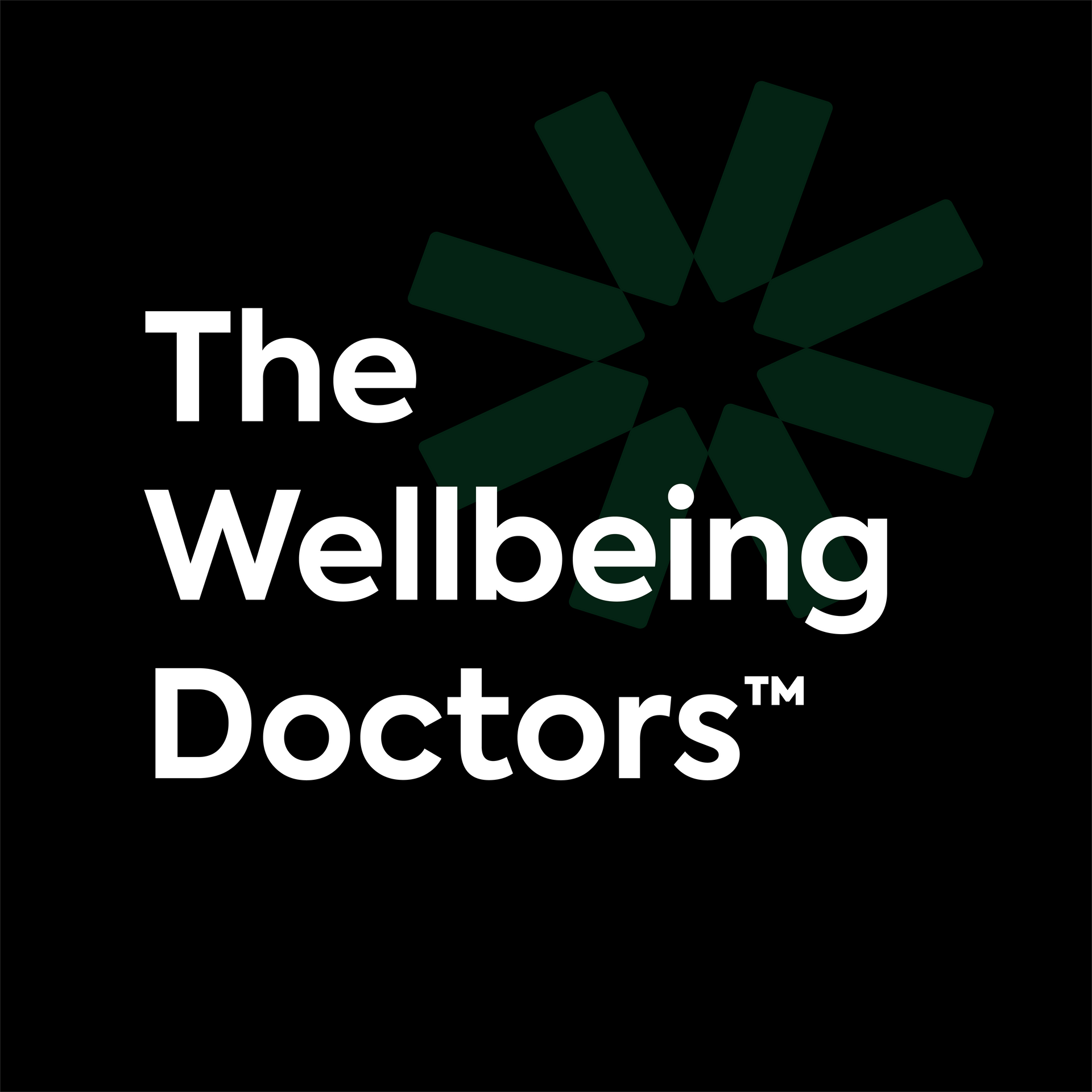 The Wellbeing Doctors logo on a black background with a green starburst icon