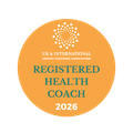 Orange UK & International Health Coaching Association badge reading “Registered Health Coach 2026”