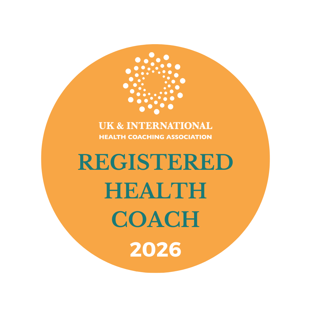 Orange UK & International Health Coaching Association badge reading “Registered Health Coach 2026”