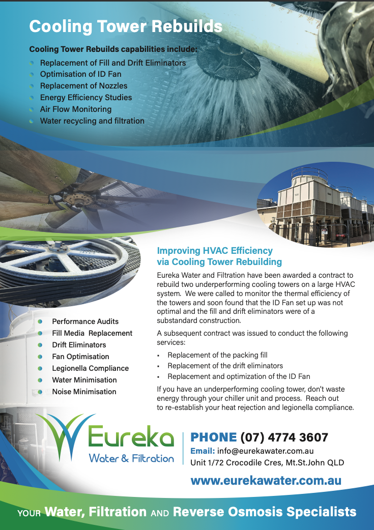 An advertisement for cooling tower rebuilds by eureka — Eureka Water & Filtration In Mount St John, QLD