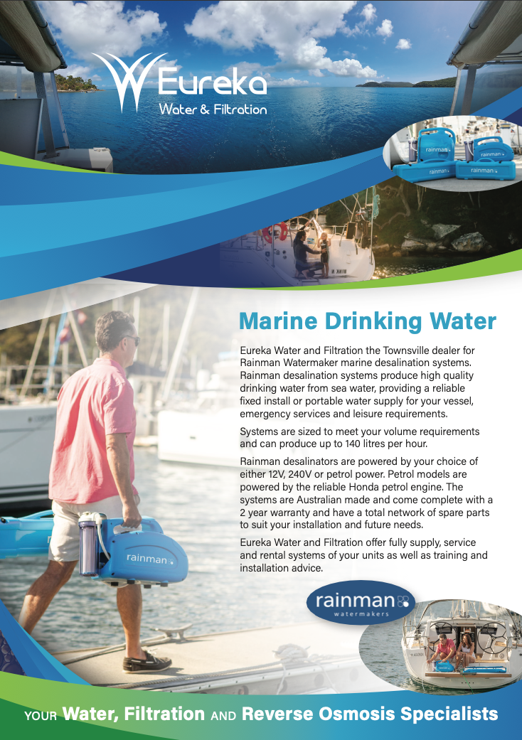 A man is walking on a dock carrying a bottle of water — Eureka Water & Filtration In Mount St John, QLD