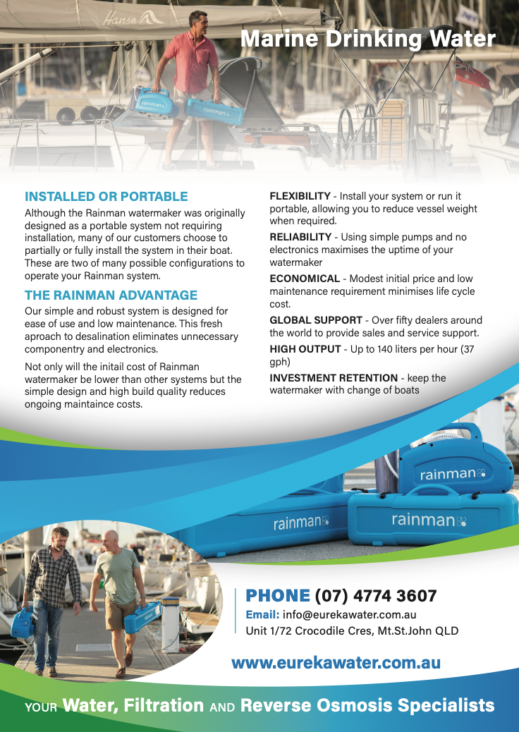 A flyer for marine drinking water with a picture of two men carrying buckets — Eureka Water & Filtration In Mount St John, QLD
