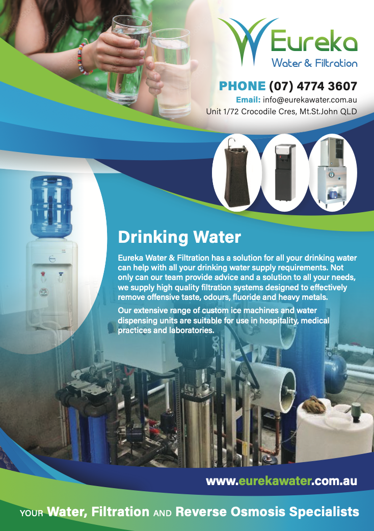 A flyer for drinking water with a woman holding a glass of water — Eureka Water & Filtration In Mount St John, QLD