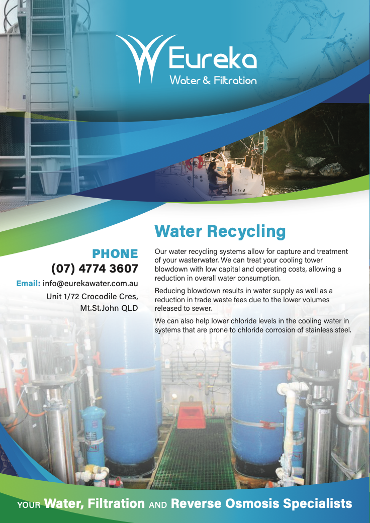 A flyer for eureka water recycling shows a picture of a water treatment plant — Eureka Water & Filtration In Mount St John, QLD