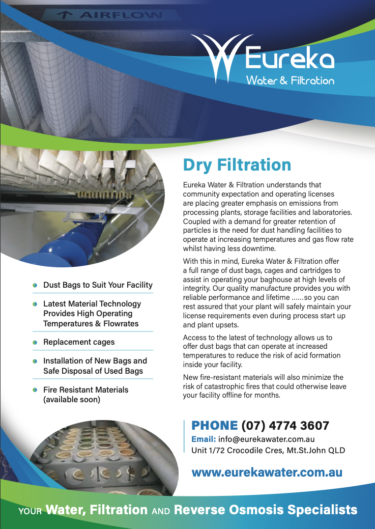 A flyer for a company called eureka shows a dry filtration system — Eureka Water & Filtration In Mount St John, QLD