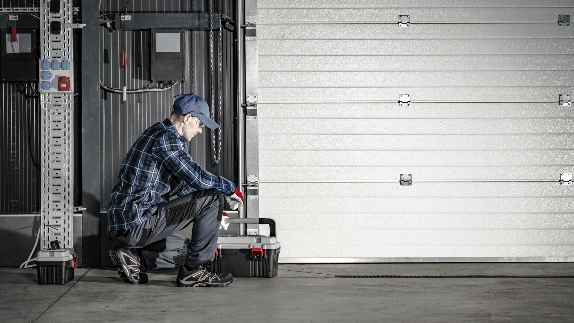 A worker in blue checks a garage door mechanism, squatting near the closed, metal door.