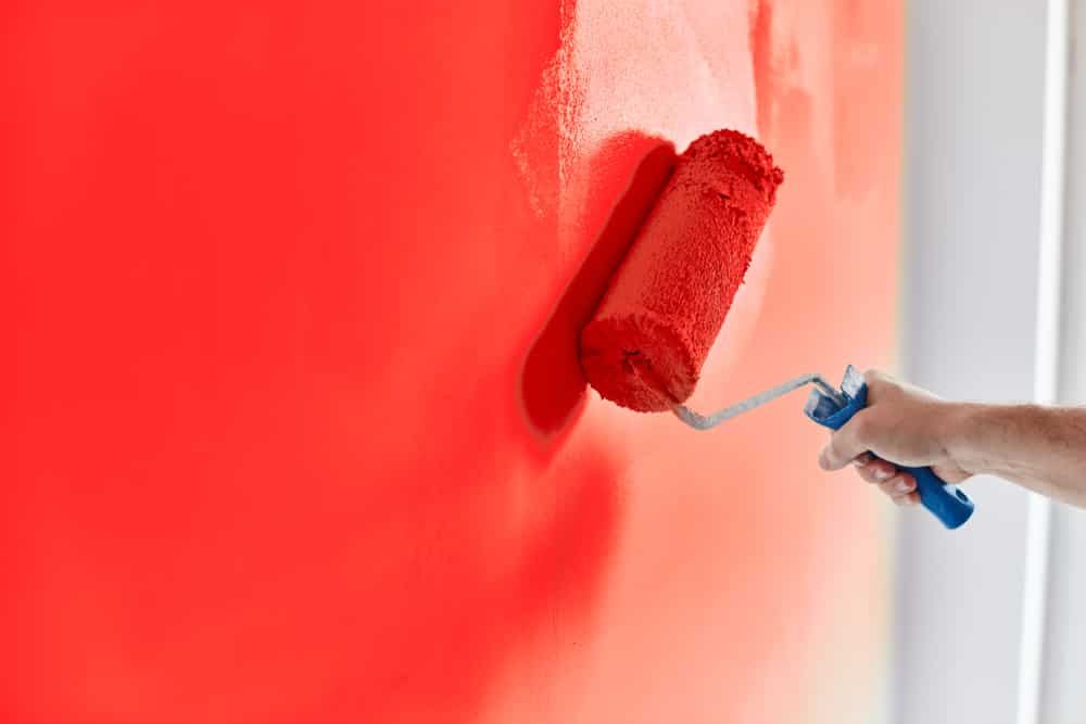 Roller Painting a Wall in Vibrant Red — Nowra Painting Services In Bomaderry, NSW