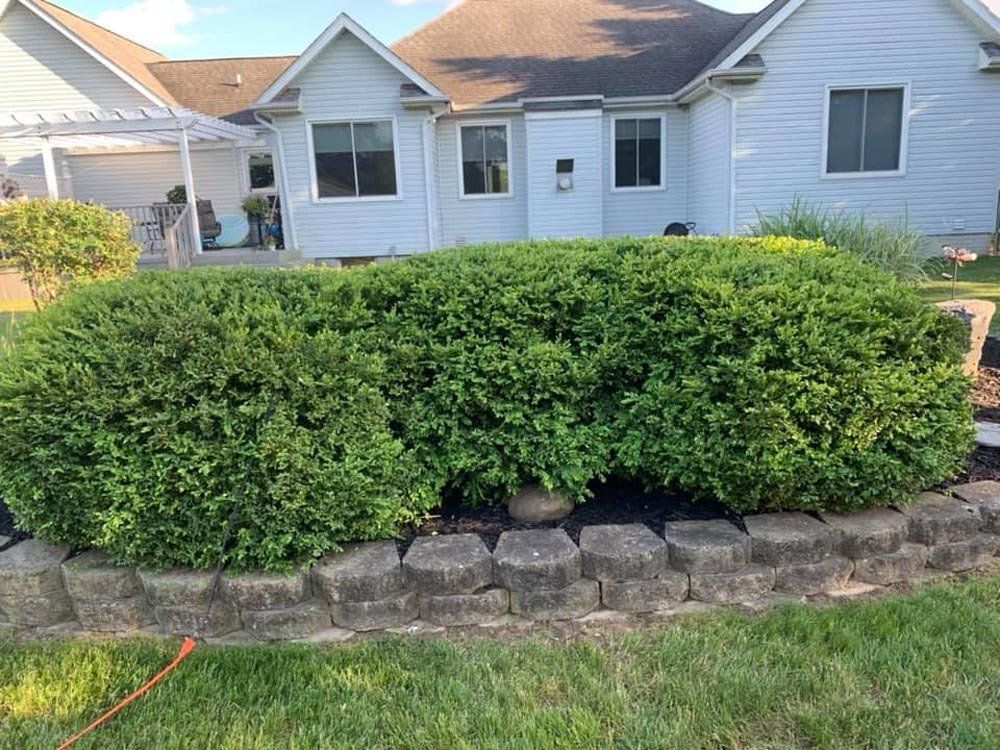A house with a screened in porch and a garden in front of it. mulch