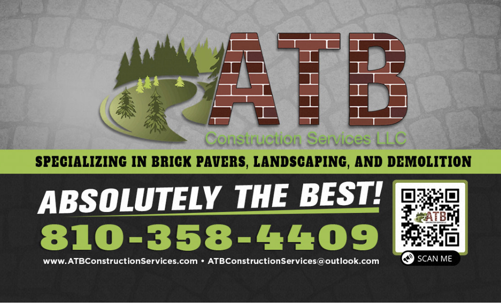 An ad for atb construction services llc specializing in brick pavers landscaping and demolition