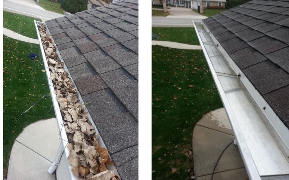 Before and after of a gutter cleaning. Gutter full of leaves is cleaned out. Roof is dark with white gutters.