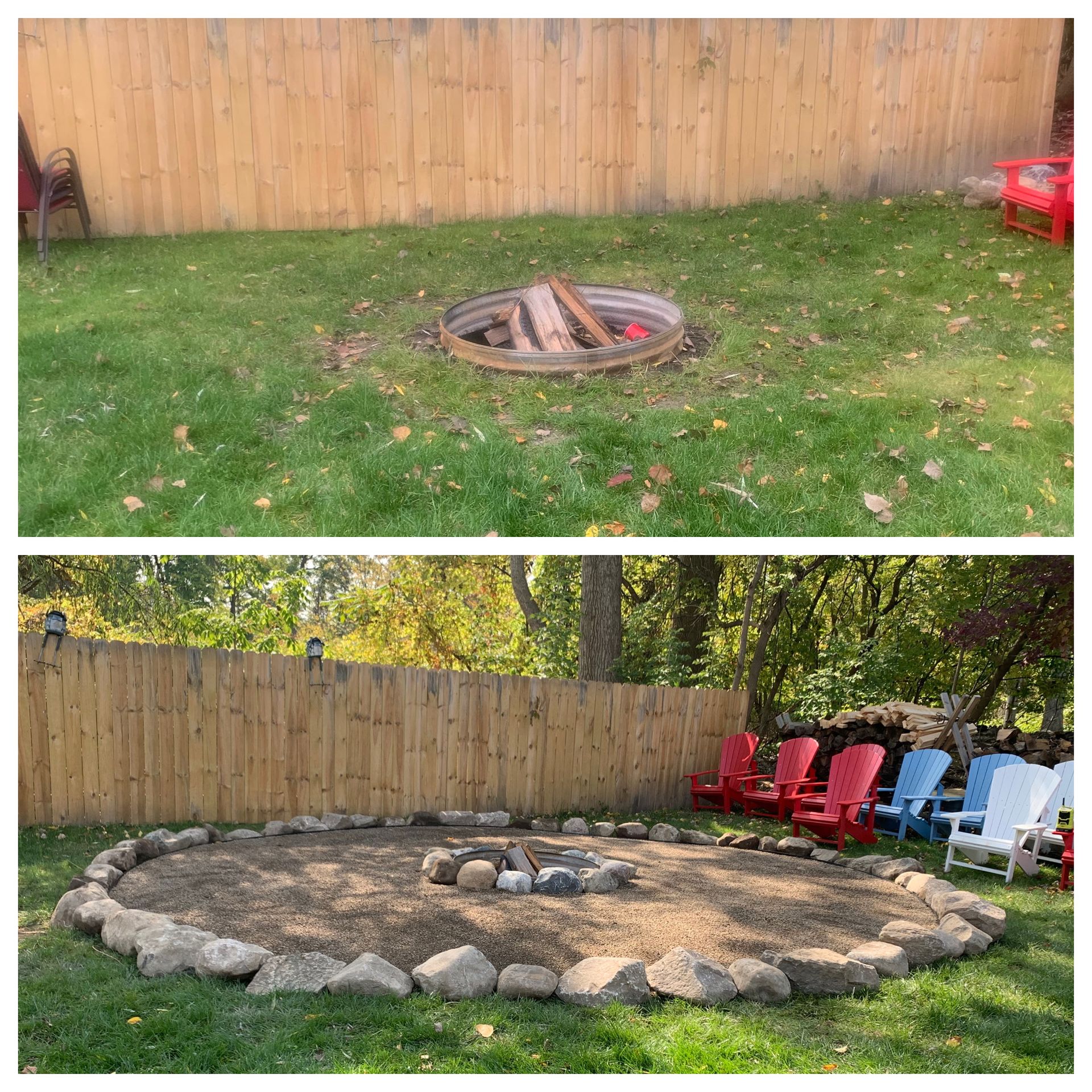 A before and after picture of a fire pit in a backyard. rock and firepit boulders