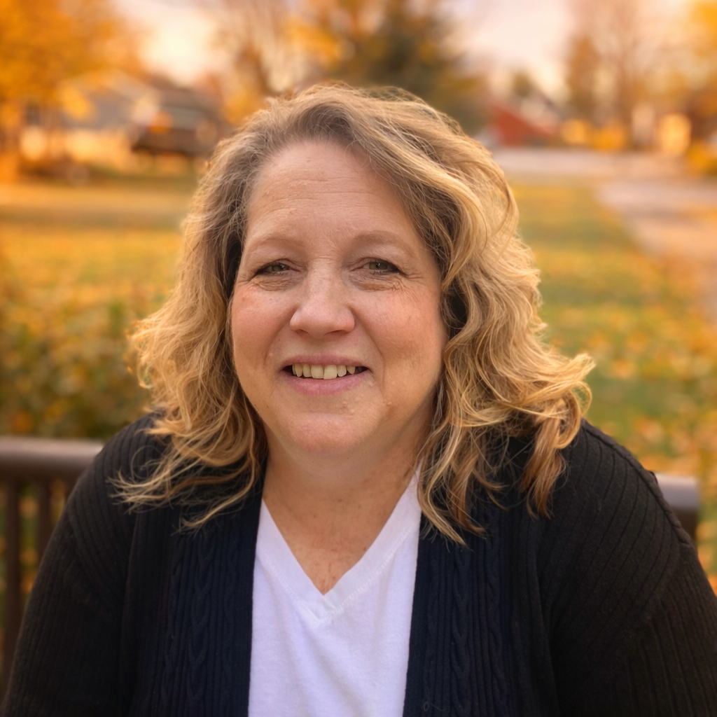 Woman with curly blonde hair smiles outdoors, wearing a black cardigan over a white v-neck.