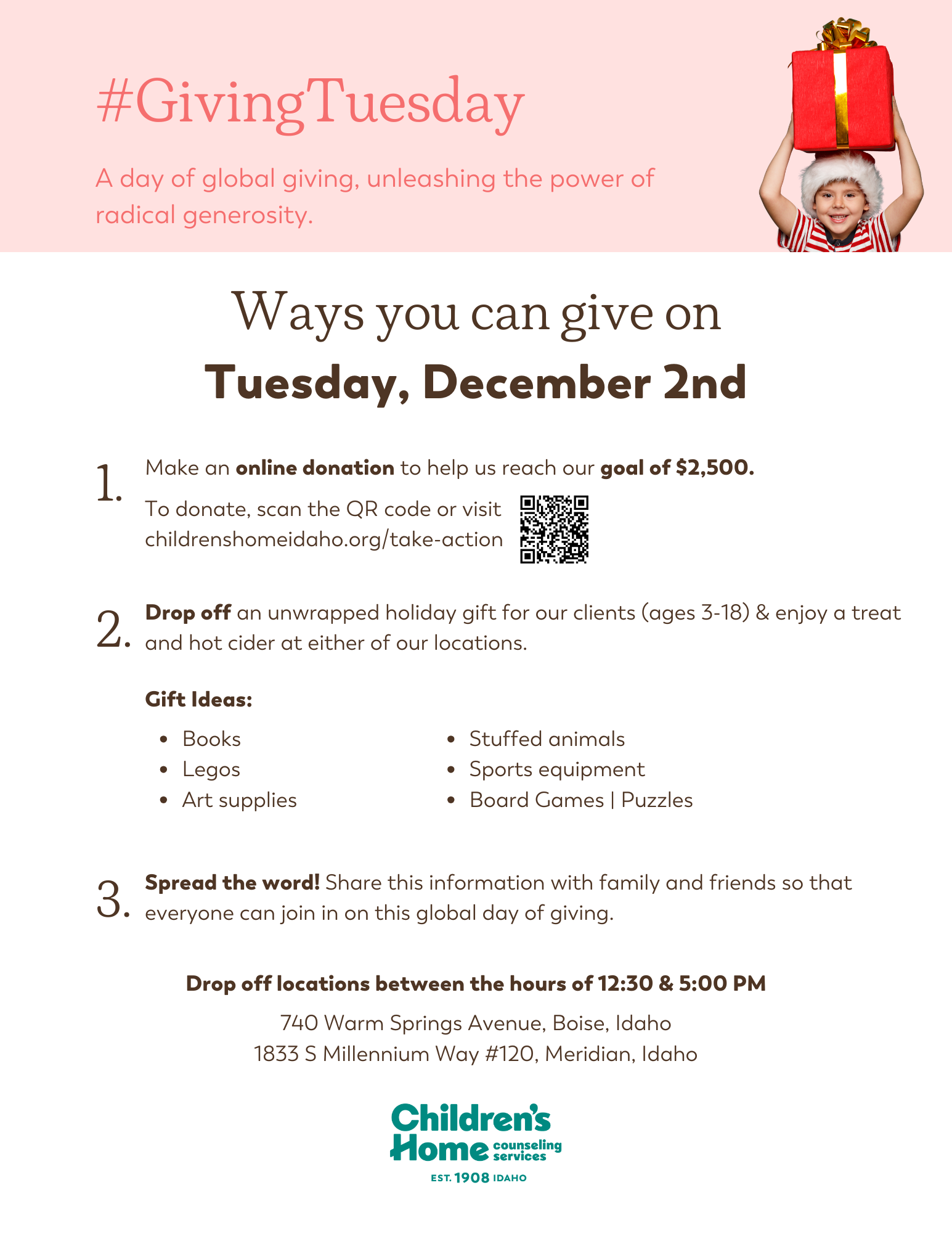 Flyer for Giving Tuesday event: Donate online, drop off gifts, or spread the word. Boise, ID location.