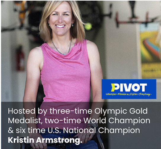 A woman in a pink tank top is standing in front of a pivot logo