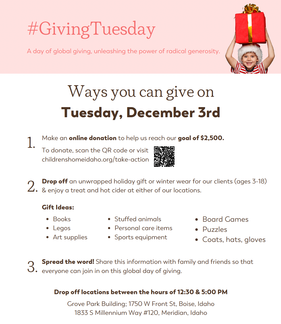 A flyer for giving tuesday shows ways you can give on tuesday , december 3rd.