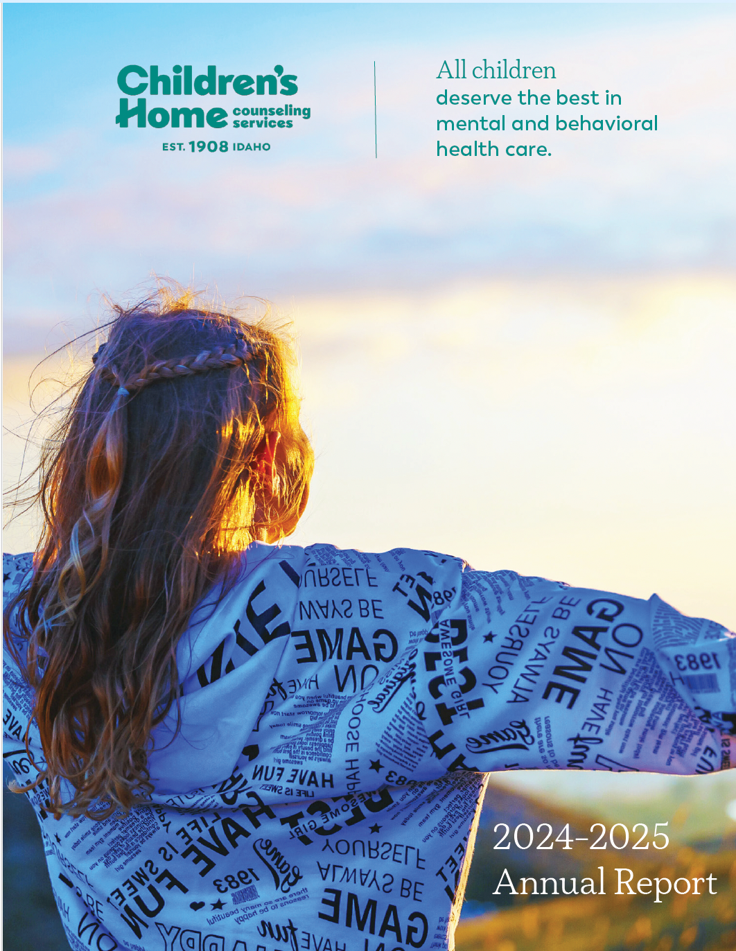 Cover of Children's Home annual report. Child with arms outstretched, facing sunset. Text: