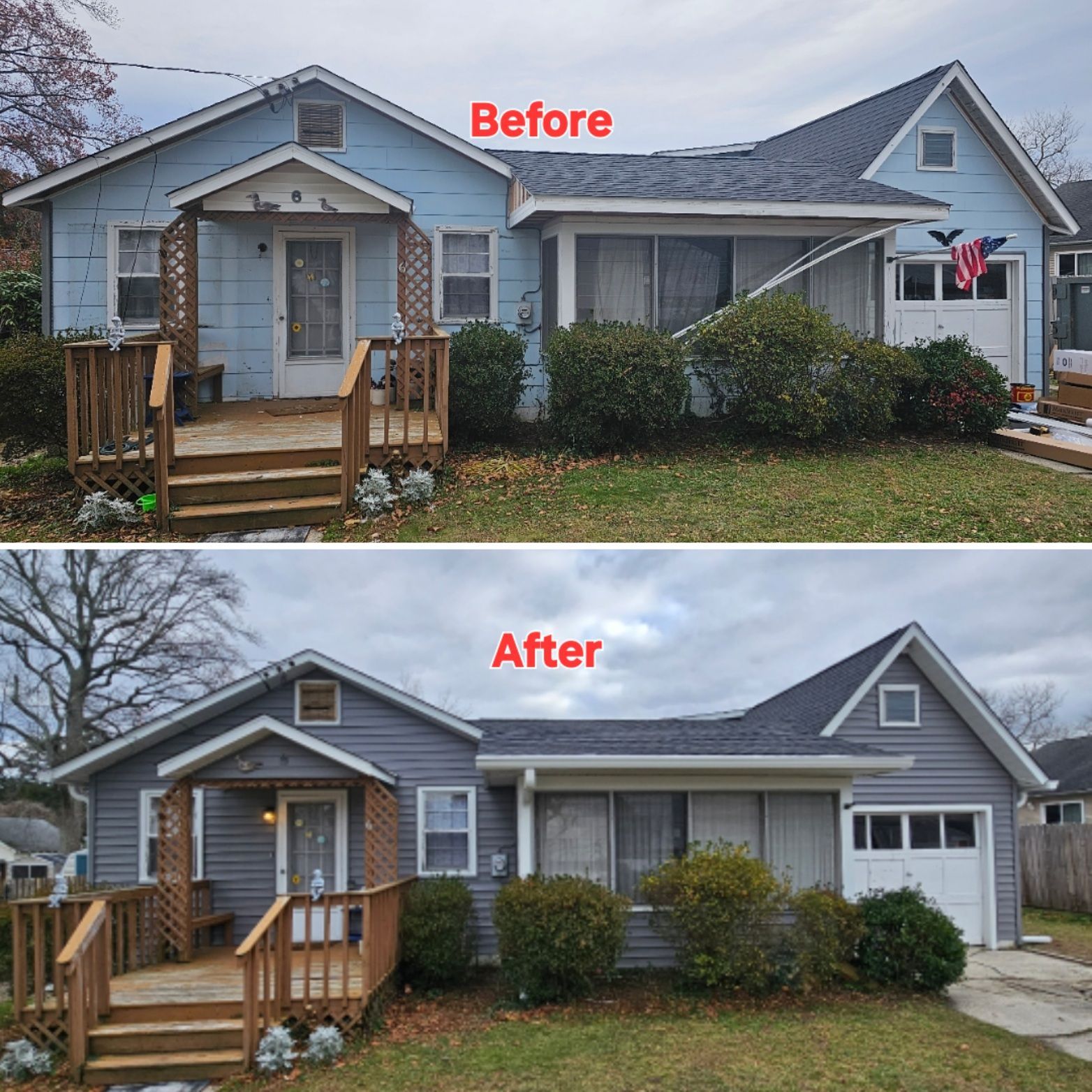 Before-and-after comparison of a blue house, now with gray siding and a new roof.
