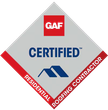 GAF Certified Residential Roofing Contractor badge. Silver diamond with red and blue accents.