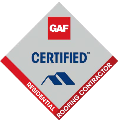 GAF Certified Residential Roofing Contractor badge. Silver diamond with red and blue accents.