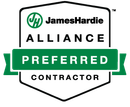 James Hardie Preferred Contractor logo: green and black shield with text.