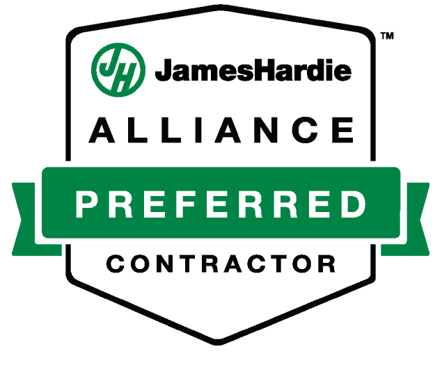 James Hardie Preferred Contractor logo: green and black shield with text.