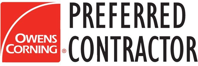 Owens Corning Preferred Contractor logo: red square with white arc, text and black 