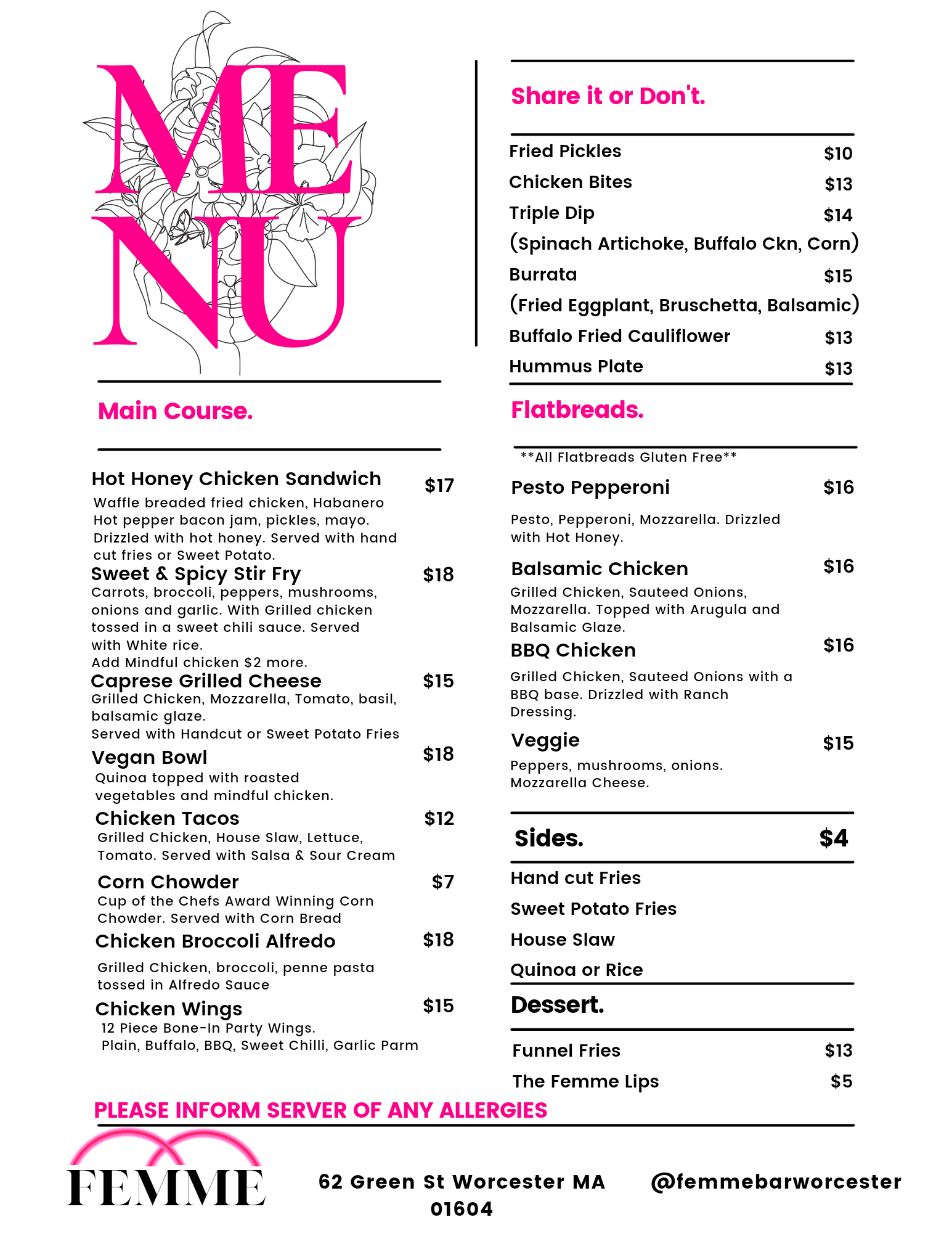 Bar Food Menu Worcester, MA Femme