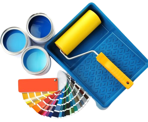 A blue paint tray with a yellow paint roller