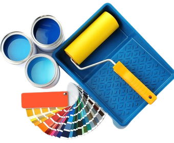 A blue paint tray with a yellow paint roller