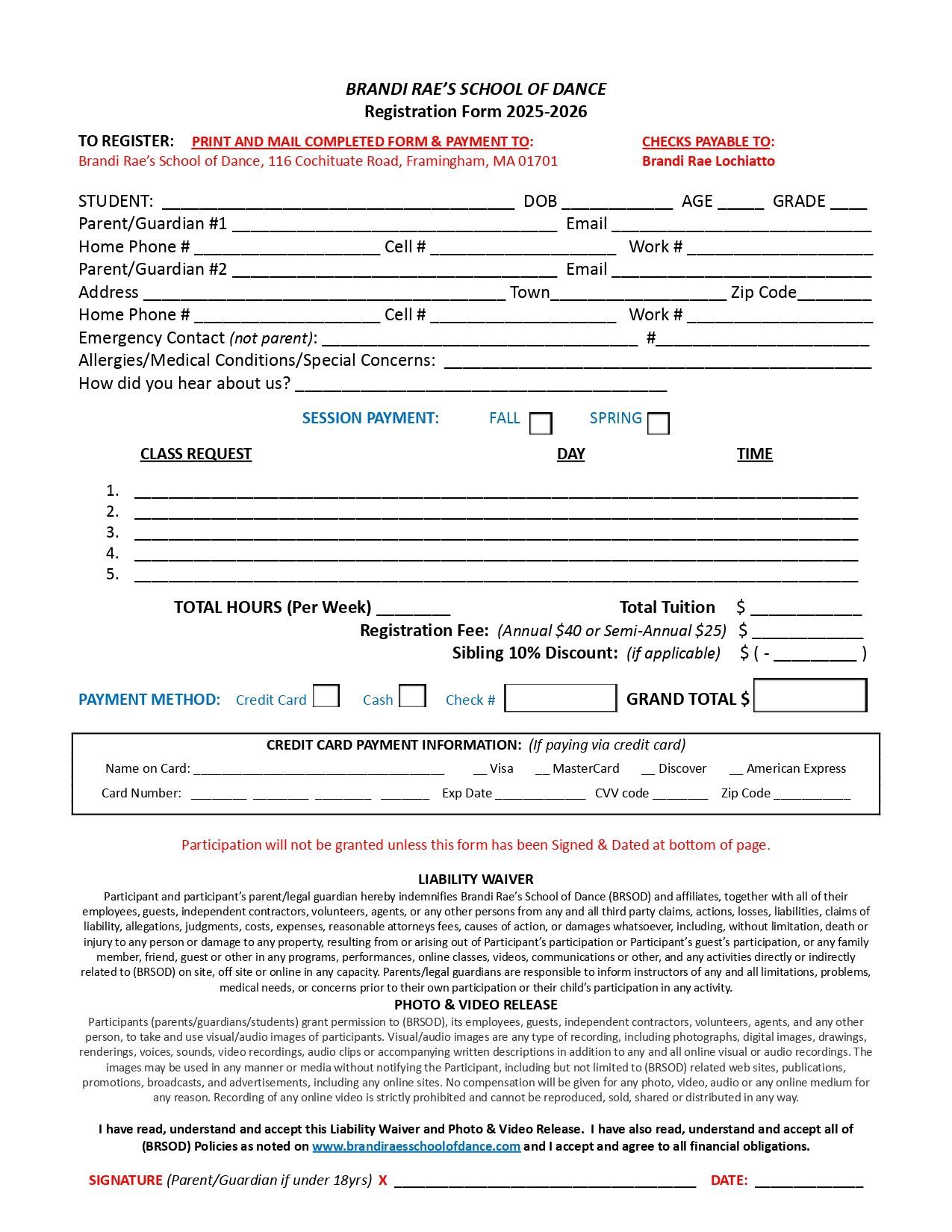 Registration Form — Framingham, MA — Brandi Rae's School of Dance