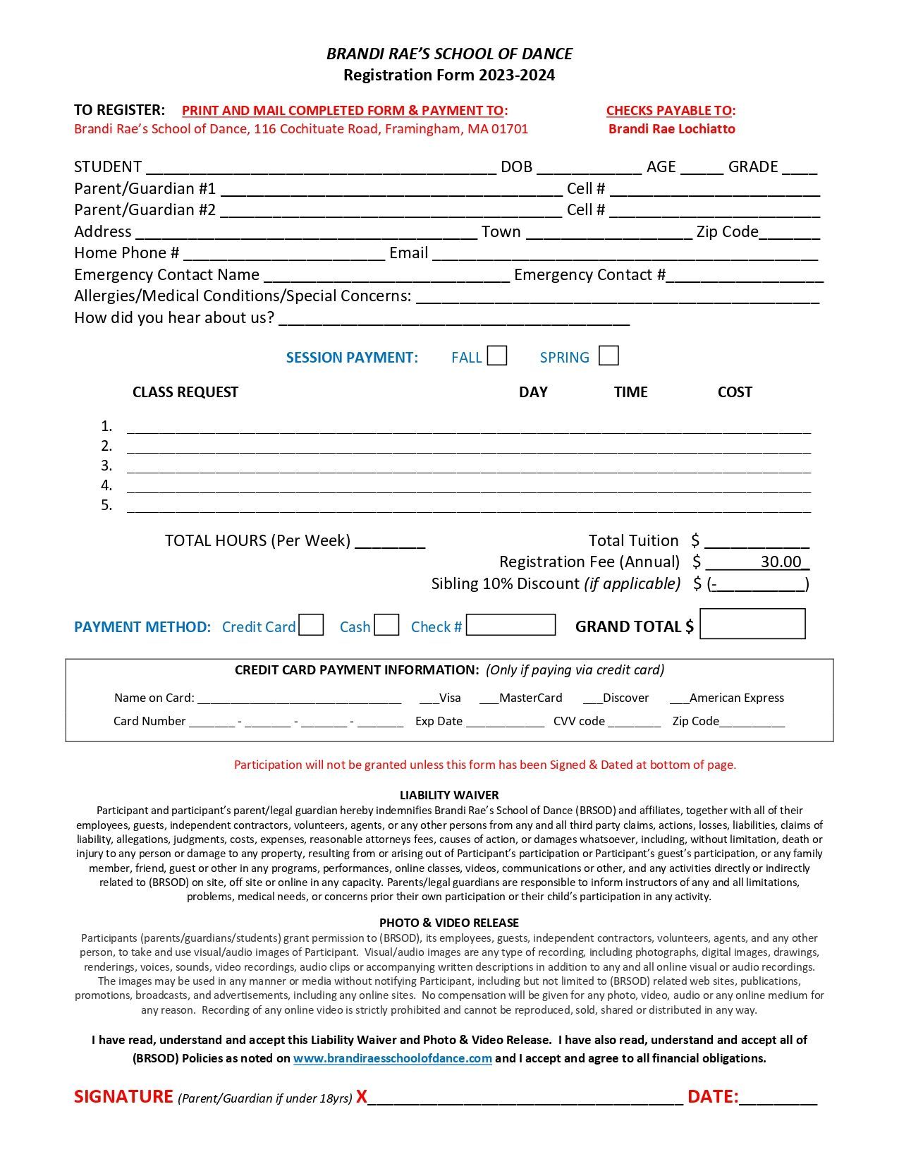 Registration Form — Framingham, MA — Brandi Rae's School of Dance
