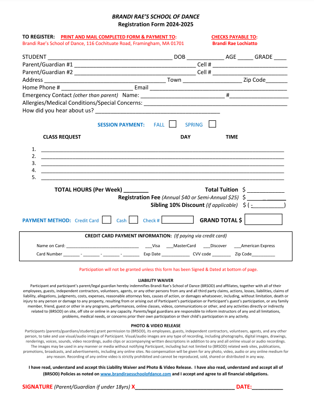 Registration Form — Framingham, MA — Brandi Rae's School of Dance