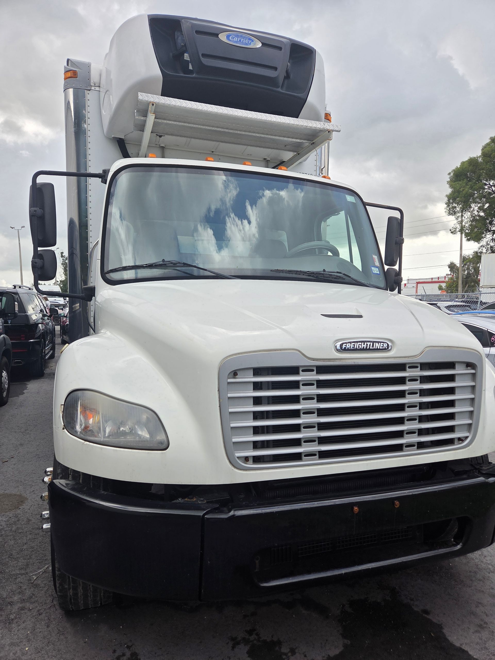 White refrigerated Freightliner truck parked, overcast sky.
