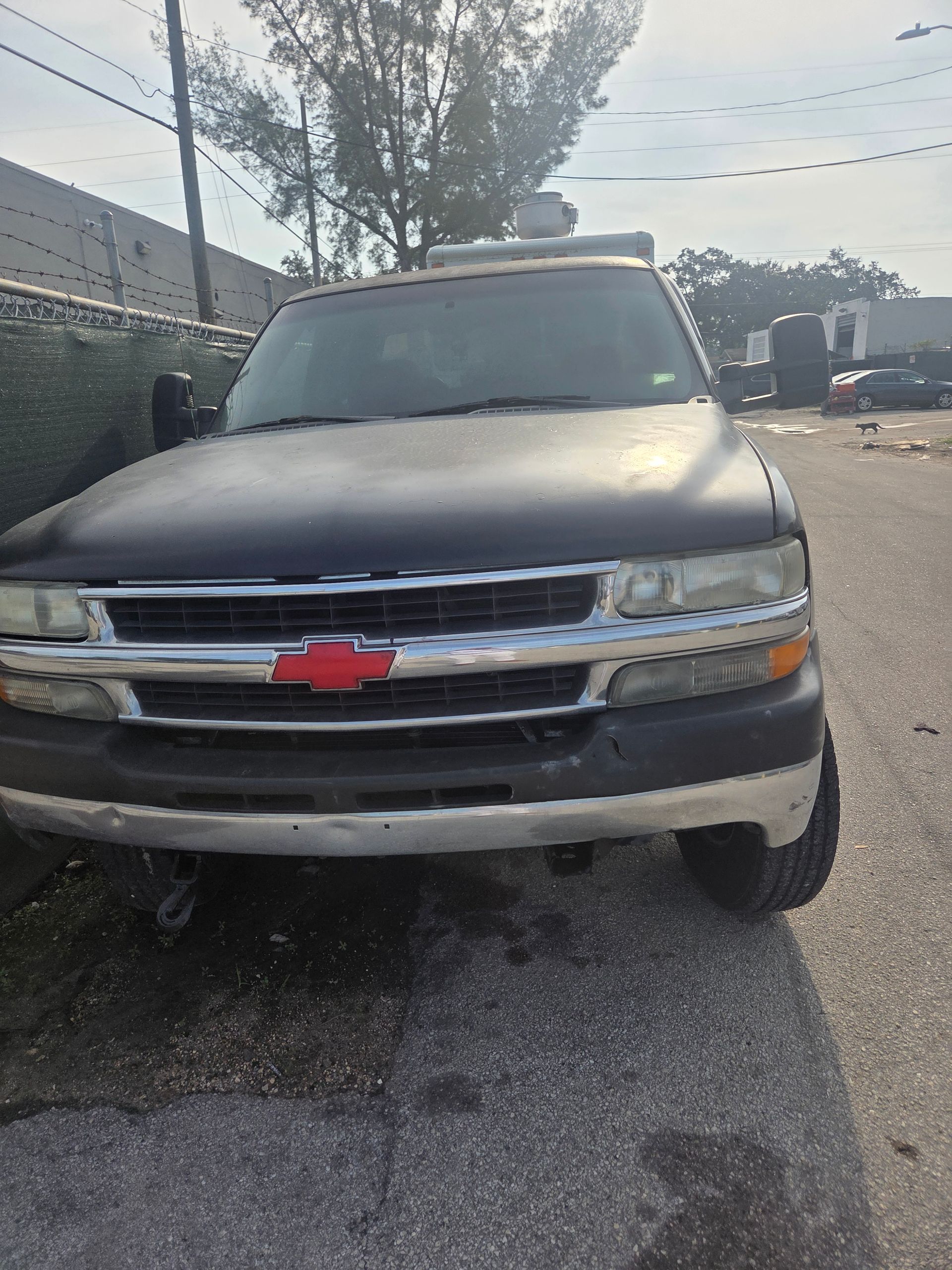 Black Chevy truck parked on asphalt, with a red bow tie emblem.