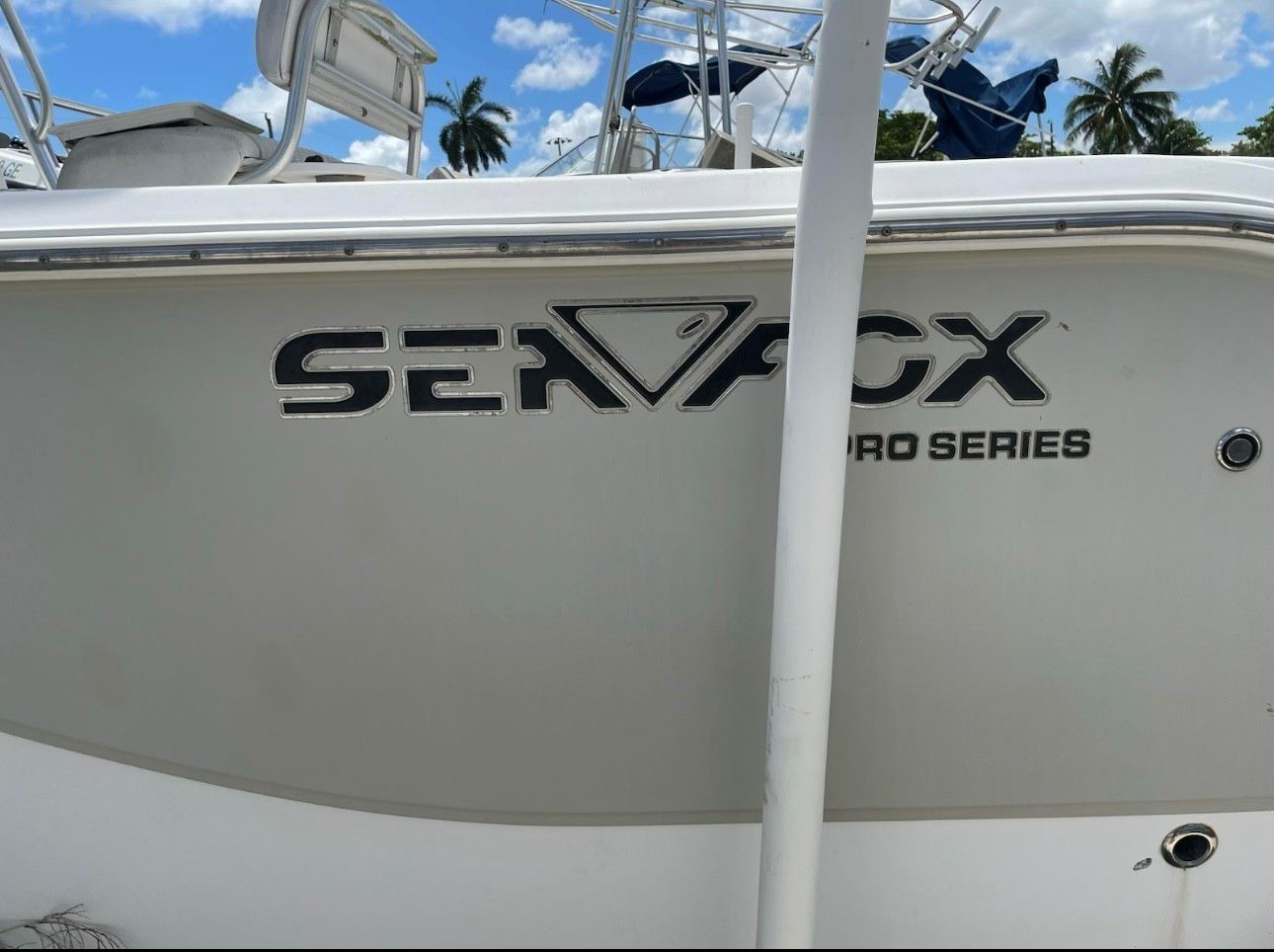 White boat hull with the name 