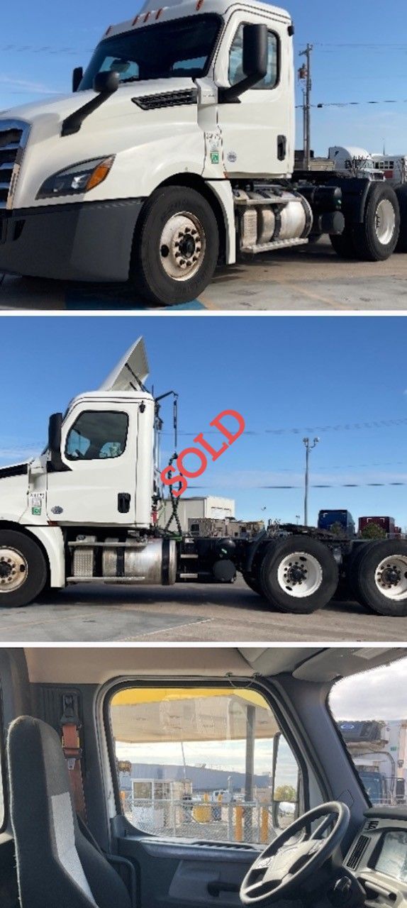 White semi-truck from multiple angles: exterior and interior. 