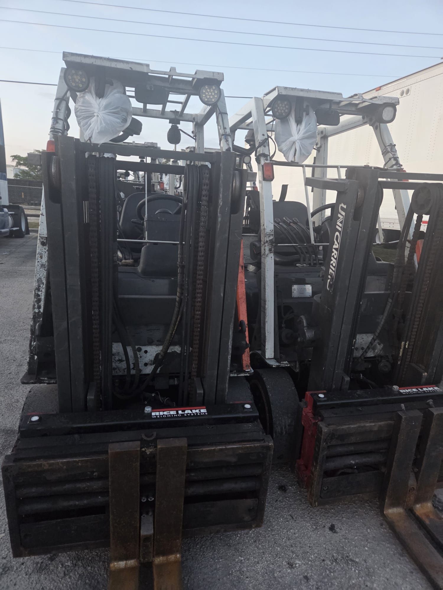 Two forklifts side-by-side. Dark forks, white frames, black bodies, outdoors.